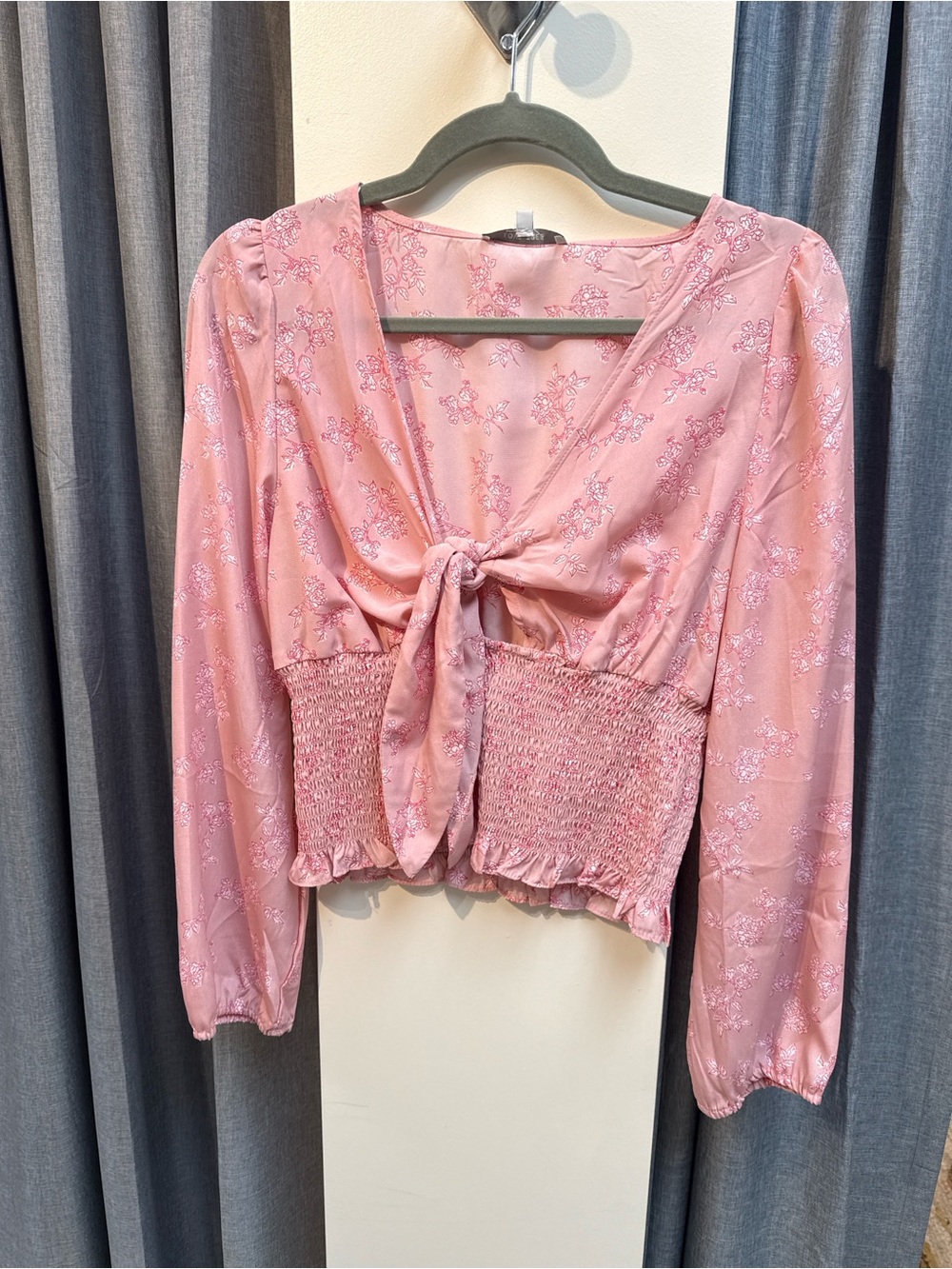 Pink Tie-Front Smocked Waist Blouse - Women Tops